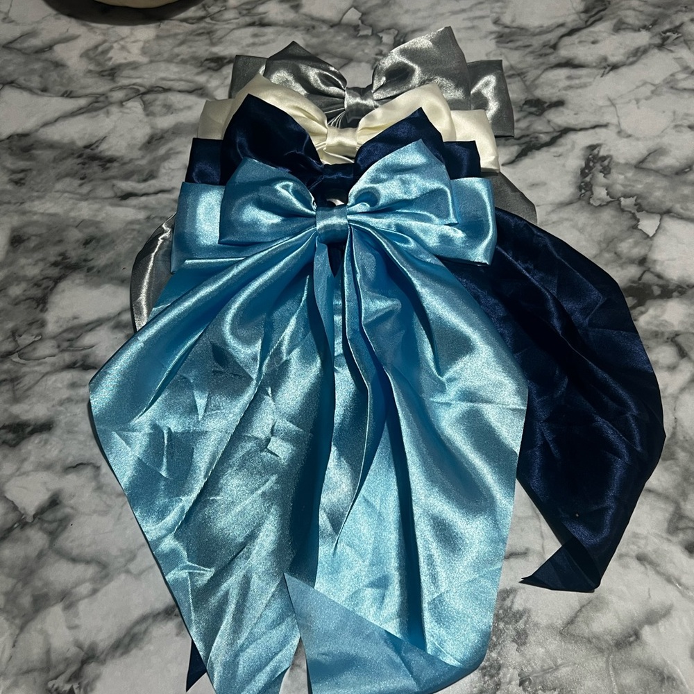 Elegant Satin Bow Hair Clips Set - Blue, Silver, Cream